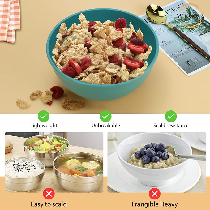 Wrova Wheat Straw Bowls Set 60 OZ Unbreakable Large Cereal Bowls Set of 6 Microwave and Dishwasher Safe Bowls Big Bowls for Dorm and Apartment BPA Free Soup Bowl for Serving Oatmeal and Salad (Green)