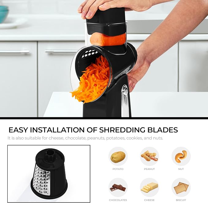 SUSTEAS Rotary Cheese Grater 5 Blades,Kitchen Mandoline Vegetable Slicer | Black, Easy to Clean, Strong Suction Base, 5 Blades Storage Box, Round Mandoline Slicer & Food Chopper for Salad