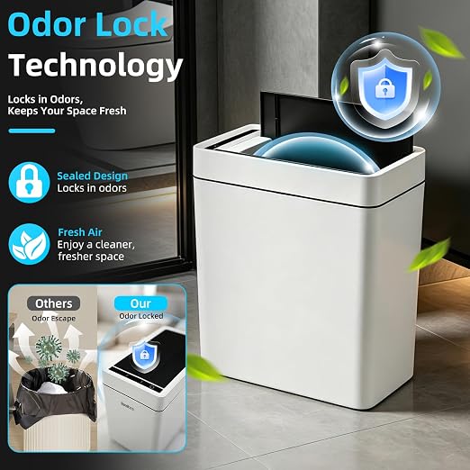 2.7 Gallon Slim Bathroom Touchless Trash Can, Automatic Smart Trash Can with Air-Press Bag Expander, Sensor Lid Waste Bin for Bedroom, Office & RV, White