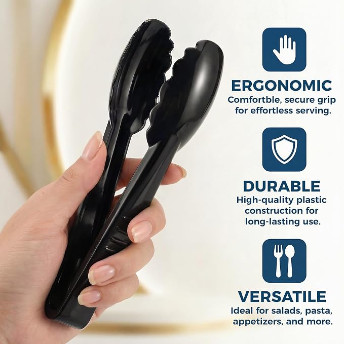 24 Pack Plastic Serving Tongs, 9 Inch Black Heavy Duty Buffet Tongs | Disposable & Reusable, Scalloped Tips, Heavy Duty, For BBQ, Catering, Buffet, Parties, Bulk Food Service