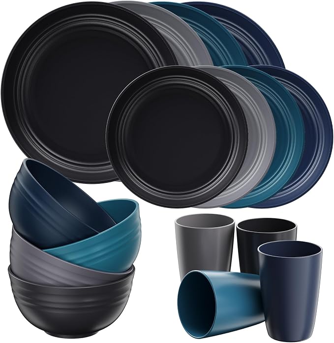 Quatish 16 Pcs Unbreakable Plates and Bowls, Plastic Dinnerware Sets for 4, Reusable Dish Set for Camping, Dishwasher Microwave Safe, Outdoor Kitchen and Apartment Dinning RV Essentials, Blue