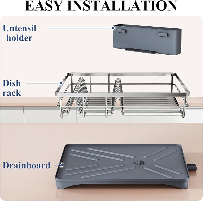 SNTD Dish Drying Rack for Kitchen Counter, 11.8" W x 16.7" L, Silver | Rustproof Stainless Steel, Large Capacity, Self-Draining Drainboard, Rotating Spout, Removable Utensil Holder