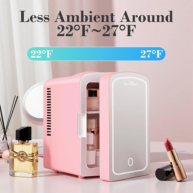 Mini Fridge, 4 Liter /6 Cans Makeup Fridge with Dimmable LED Mirror - Pink | Compact Mini Skincare Fridge for Beauty & Beverages, Dual-use Portable Tiny Fridge for Bedroom, Desk, Office, Home, Car, Gift