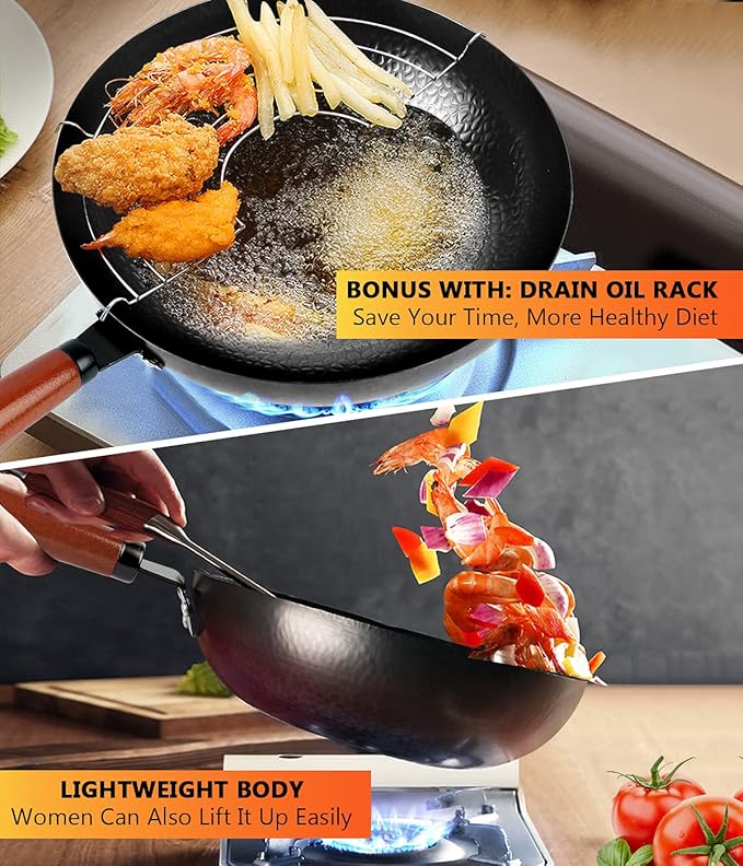 14 Piece Carbon Steel Wok Pan, Woks & Stir-Fry Pans Set with Wooden Lid Cookwares, No Chemical Coated Flat Bottom Chinese Pan for Induction, Electric, Gas, Halogen All Stoves - 12.6''