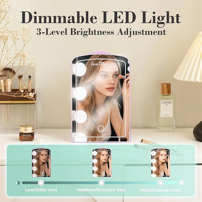Mini Fridge, 4 Liter /6 Cans Makeup Fridge with Dimmable LED Mirror - Pink | Compact Mini Skincare Fridge for Beauty & Beverages, Dual-use Portable Tiny Fridge for Bedroom, Desk, Office, Home, Car, Gift