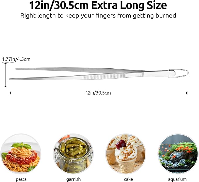 U-Taste Kitchen Cooking Tweezer, 18/8 Stainless Steel Tong, 12"/Pointed Tip | Food-Grade Metal Food Tong with Non-Slip Tips, Professional Chef Tweezers for Plating Serving Grilling Frying Cooking Baking