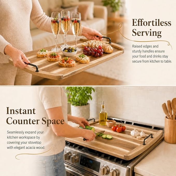 DHARANA Gas Electric Stove Top Cover Wooden Board Burner Glass RV Stovetop | Acacia Wood Noodle Boards 29*22*1.26