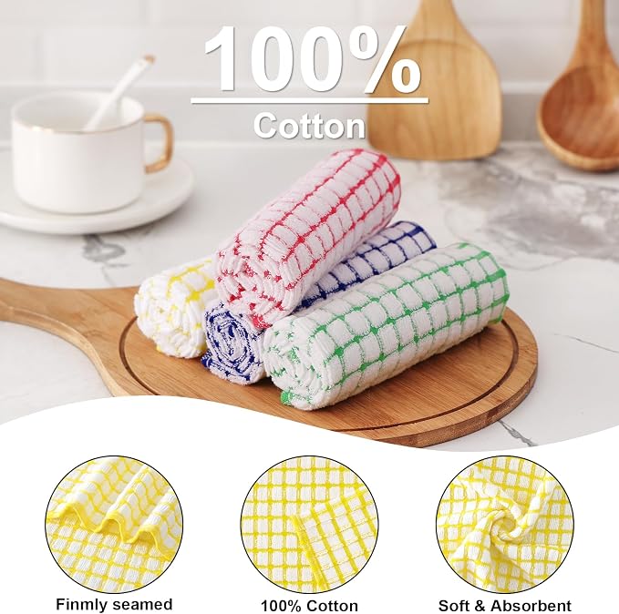 Kitinjoy Cotton 24 Pack Terry Kitchen Dish Cloths, Mixed Color | 12 x 12 Inches Super Soft and Absorbent Dish Rags, Quick Drying Dish towels for Washing Dishes