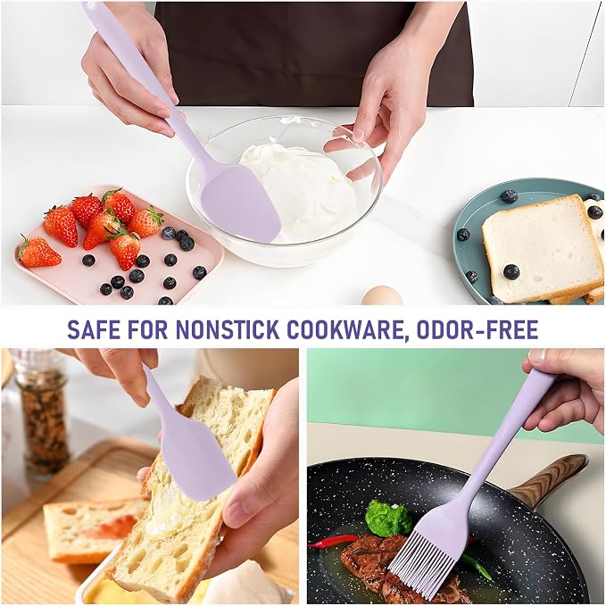 6 in 1 Silicone Spatula | Heat-Resistant Food Grade, Nonstick Rubber Kitchen Utensils with Stainless Steel Core for Cooking, Baking & Mixing (Purple)