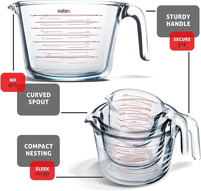 Eatex Glass Measuring Cups Set of 6 - Liquid Measuring Cups, Glass Measuring Cup Set - 1,2,4 Cup Measuring Cup - Dishwasher Oven, Microwave Safe Measure Cups
