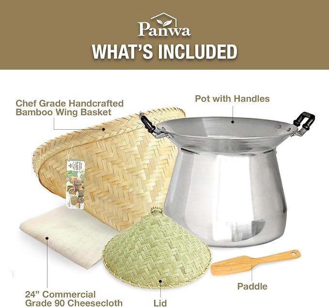 Sticky Rice Professional Thai Chef Grade Cookware Set Restaurant Quality Steamer Pot, Handcrafted Bamboo Wing Basket & Lid, 24” Grade 90 Cheesecloth, & Rice Paddle Ladle