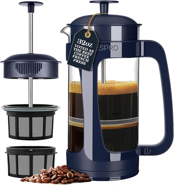 ESPRO P3 French Press Coffee Maker, 32oz, Blue, Double Micro Filter Press | Grit-Free Coffee Press, Thicker Borosilicate Heat Resistant Glass french press, Tea Press, Easy Coffee Brewer, Tea Brewer