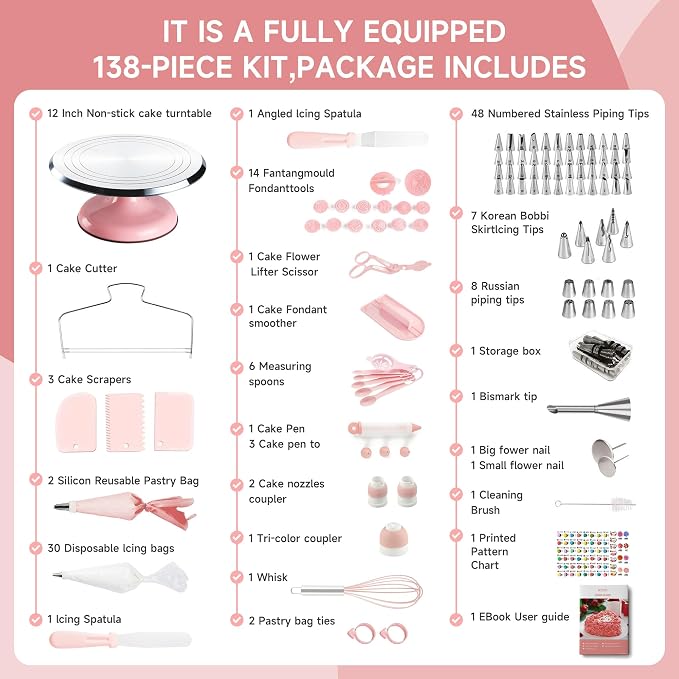 Cake Decorating Supplies Kit Set of 138pcs | 12 Inch Aluminium Cake Turntable, 64 Numbered Icing Piping Tips, 2 Spatulas, 3 Icing Comb Scraper and Leveller, Piping Bags