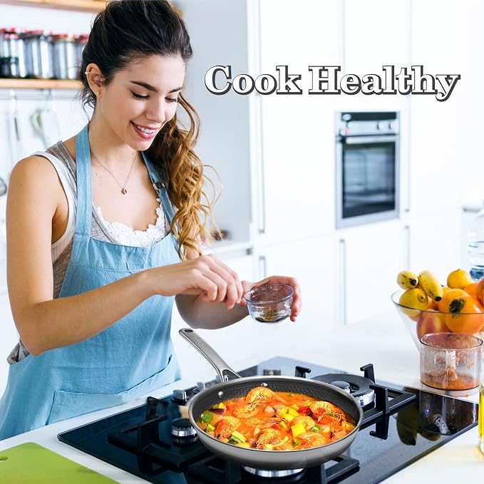 Woks & Stir-fry Pans Nonstick-Hybrid Tri-Ply Stainless Steel Wok10" Nonstick Skillet with Lid,Wave Etch Textured Interior,Dishwasher Safe & Oven Safe PTFE & PFOA FREE Kitchen Cookware for All Cooktops