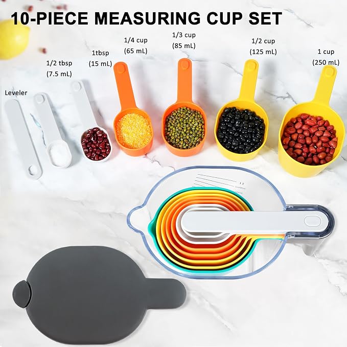 19-Pc Magnetic Measuring Cups and Spoons Set, with Lid, Black | Includes 1 cover, 9 stackable cups set & 9 black magnetic spoons, BPA-free & dishwasher safe, for liquid and dry baking