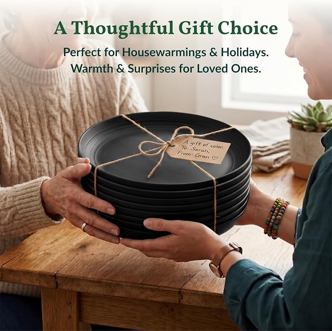 Wheat Straw Plates Set - 11 inch Reusable Large Dinner Plates Set of 8, Lightweight Unbreakable Salad Plates, Microwave and Dishwasher Safe Plates, Deep Plates for Dinner, Camping - Black