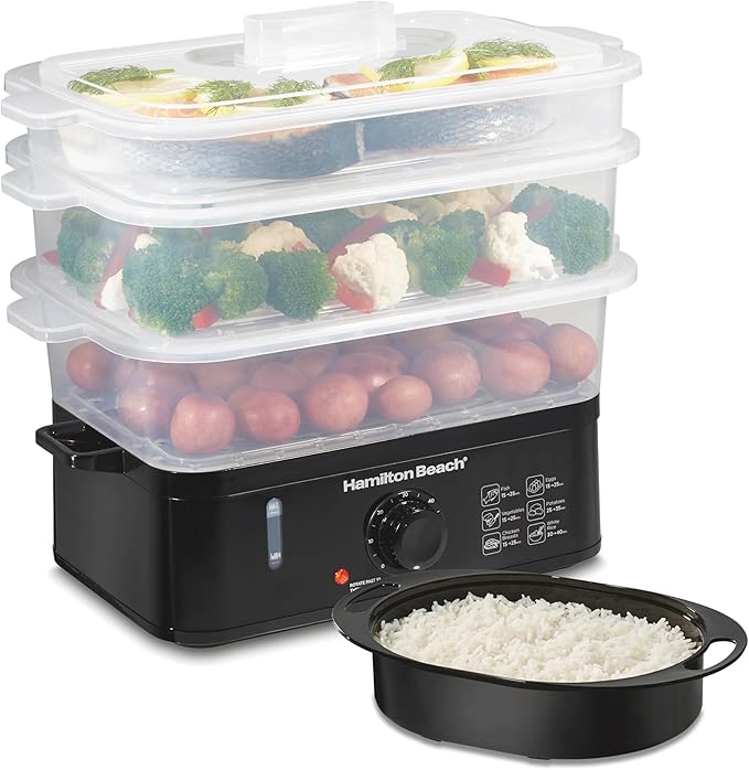 Hamilton Beach Electric Food Steamer, Rice Cooker & Egg Boiler | For Quick Healthy Cooking | 9.5 Qt. Stackable Three-Tier Bowls For Vegetables and Seafood | Auto Shutoff | Black