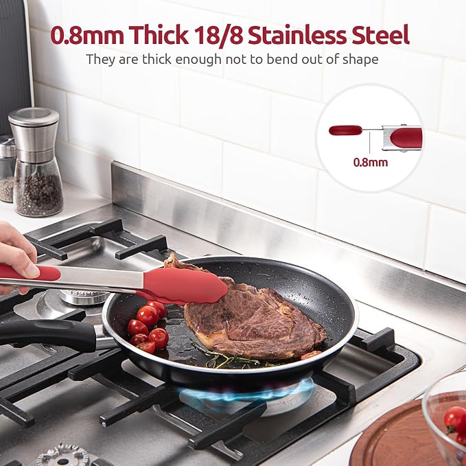 U-Taste Kitchen Tongs for Cooking, 600ºF Heat-Resistant Silicone, 2Pcs/Red | Tong Utensils Set 9/12in, Salad/Grill/BBQ Plastic Tong for Food Serving, Rubber Tipped Tong with 18/8 Stainless Steel Handle