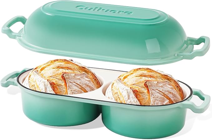 Cast Iron Bread Pan with Lid, Mini Enamel Sourdough Baking Dutch Oven Pot, Double Round Loaf Space for Homemade, Bread, Cake, Meatloaf, 16.5cm Diameter, 500°F Oven Safe, Non Stick, Green