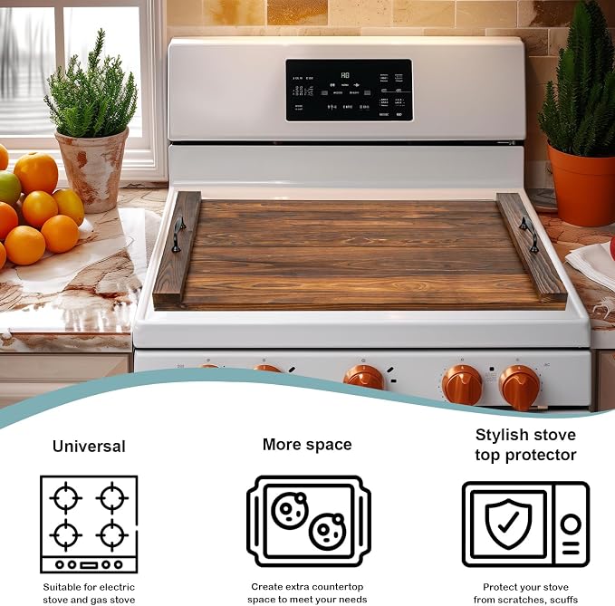 Noodle Board Stovetop Cover with Handles, Sink Wood Block Covers for Electric & Gas Stove, RV Stove Burner, Farmhouse Decorative Wooden Tray for Kitchen