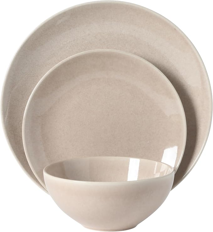 Gibson Elite Castle Peak Plates and Bowls Set, 12-Piece Dinnerware Set, Taupe Reactive Glaze Stoneware Dishes, Dinner Plates, Salad Plates & Cereal Bowls