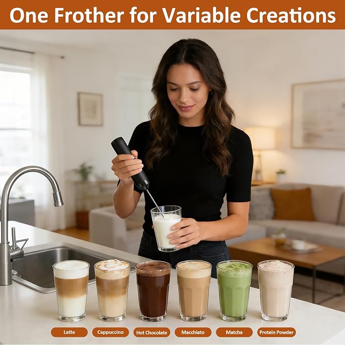 Rechargeable Milk Frother Handheld Electric Coffee Drink Mixer Wand with Stainless Steel Whisk and Portable Case for Cappuccino, Latte, Matcha, Hot Chocolate Black
