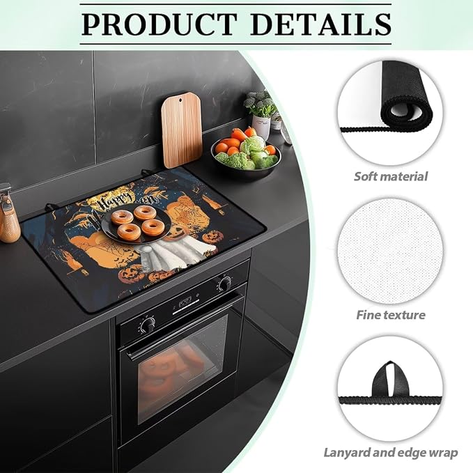 Happy Halloween Stove Top Dust Cover, Anti Scalding Flat Range Stove Top Protector, Elastic Dish Drying Mats for Kitchen, Induction Cooktop Cover with Two Hook 30 x 21 Inch