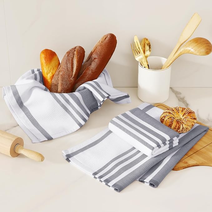 Homaxy Premium Cotton Stripe Kitchen Towels 3 Pack, 18"x 28", Grey | Large 380 GSM Kitchen Hand Towels, Soft Terry Dish Towels, Highly Absorbent Tea Towel Set with Hanging Loop
