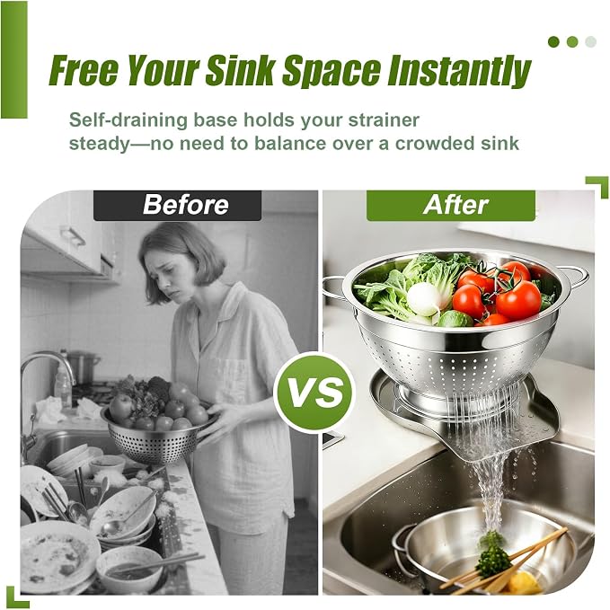 Palksky Stainless Steel Colander Set with Handles & Self-Draining Base, 3 Sizes (7”, 9”, 11”), Heavy Duty Pasta Strainer, Rice & Vegetable Strainer, Countertop Draining System