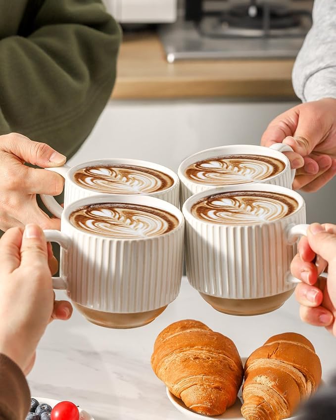 HASENSE 15 oz Ribbed Stackable Ceramic Coffee Mug Set of 4, White & Light Brown Cups with Metal Holder, Dishwasher & Microwave Safe for Cappuccino Tea Hot Cocoa, Wedding Housewarming Gifts