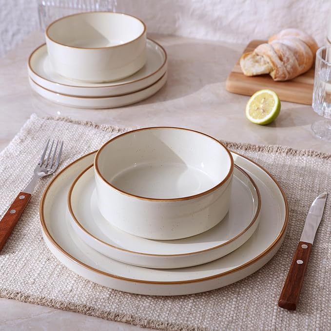 Famiware Nebula 18-Piece Dinnerware Set, Vanilla White with Brown Rim | Stoneware Dish Set for 6, Plates and Bowls, Microwave and Dishwasher Safe, Chip and Scratch Resistant