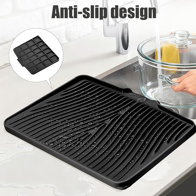 TIKNIK Silicone Dish Drying Mat for Kitchen Counter, Black-1pc, 20" x 15" | Heat Resistant & Non-Slip Dish Drain Pad with Built-In Drain, Dishwasher Safe, Quick-Dry, Hangable & Roll-Up for Storage