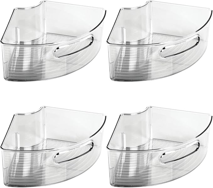 mDesign Plastic Lazy Susan Cabinet Storage Bin with Front Handle for Kitchen Countertop, Pantry, Shelf, Fridge Organization - Hold Food, Drinks, Snacks - Ligne Collection - 4 Pack - Smoke Gray