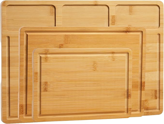 GarveeHome Bamboo Wood Cutting Boards Set of 3 with Compartments – Chopping Boards for Kitchen with Inner Handles and Juice Grooves, Ideal Serving Tray and Butcher Block for Meat, Vegetables