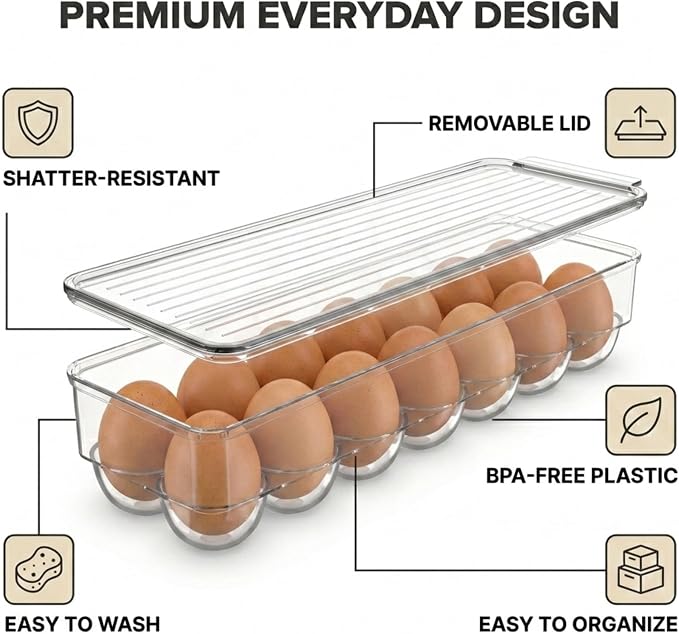 American Dream Fridge Bin Egg Holder for Refrigerator, 14-Egg Storage Container with Lid, Stackable BPA-Free Plastic Organizer Tray for Kitchen Fridge – Clear