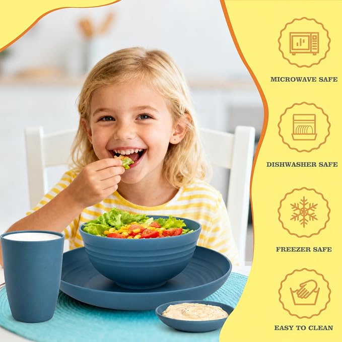 16 PCS Wheat Straw Plates and Bowls Sets,Kids Dishes Dinnerware Sets for 4,Unbreakable Kitchen Plates and Bowls Set for Travel Dishwasher & Microwave Safe Lightweight Dishes Set - DeepBlue