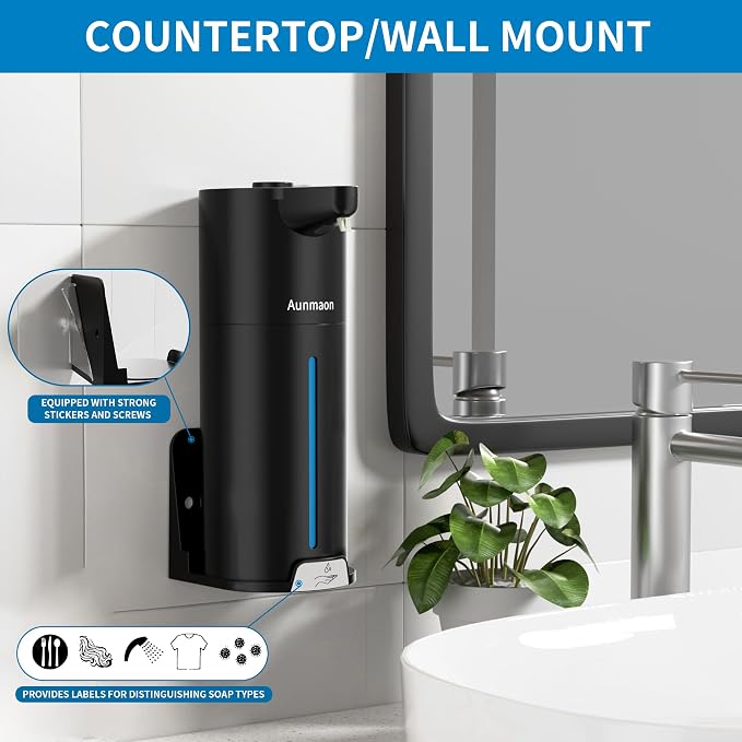 Automatic Soap Dispenser Touchless,15-Level,Kitchen Bath Black | Hands-Free,15-Level Dial Control,Thick & Thin Soap Compatible,Long Battery Life,Easy for Toddlers,Wall Mountable
