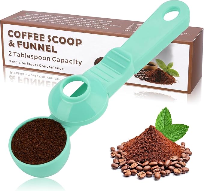 2-in-1 Coffee Scoop with Funnel, 2 Tbsp Measuring Spoon for Reusable K Cups, Ground Coffee, Protein Powder & Tea, Mess-Free Plastic Design（Light Green-1pack）