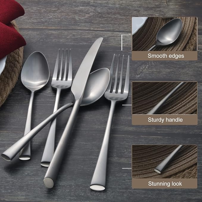 Alata Bailey 40-Piece Forged Stainless Steel Flatware Set Cutlery Set, Service for 8, Matte Satin Finish, Dishwasher Safe