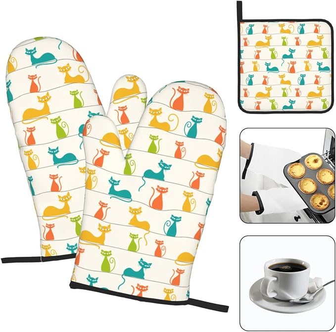 Mid Century Modern Cats Oven Mitts and Pot Holders Set Heat Resistant Cute Oven Gloves for BBQ Baking Grilling Cooks Kitchen Decor 3 Piece