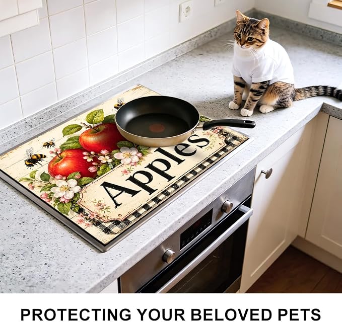 Farmhouse Apple Stove Top Cover 28x20 Inch Decorative Glass Stove Cover | Heat Resistant Cooktop Protector Mat with Non-Slip Backing, Scratch Protection and Countertop Drying Mat.