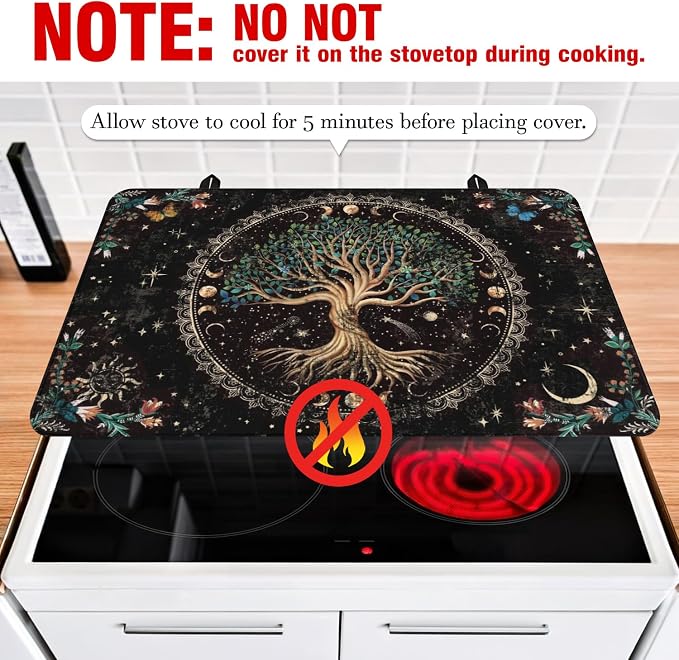 Boho Glass Stove Top Cover for Electric Stoves,Moon Phase Tree of Life Botanical Floral Stove Top Cover for Kitchen Decor,Heat Resistant Cooktop Protector Mat,Non-Slip Washable Dish Drying Mat 28"x20"