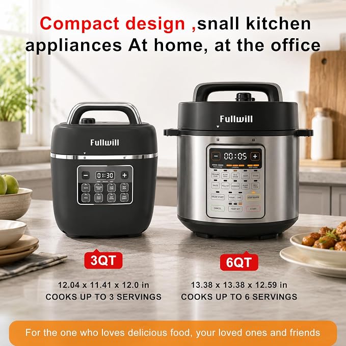 Fullwill Electric Pressure Cooker Lite 3 Quarts,7 in1,Slow Cooker, Rice Cooker,Steamer, Sauté, Warmer, Olla de Presion Nonstick Pot
