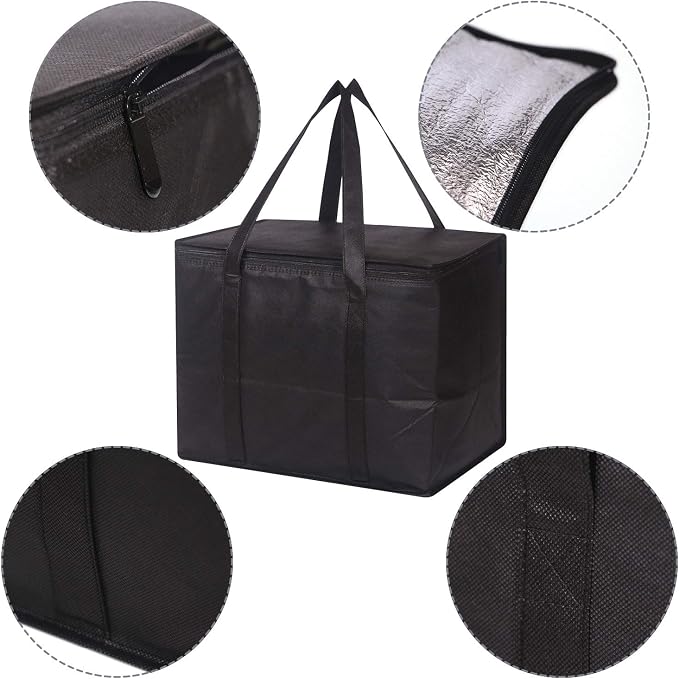 Set of 4 Large Insulated Reusable Grocery Bags with Sturdy Zipper and Handles, Foldable Washable Heavy Duty Cooler Totes for Hot or Cold Food Delivery, Groceries, Travel, Shopping