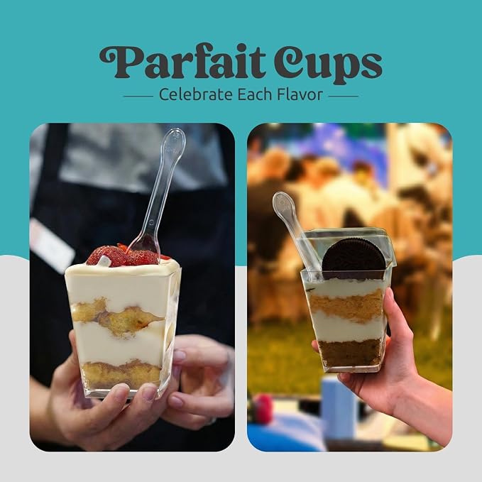 20 Pack 5 oz Dessert Cups with Lids and Spoons, Plastic Parfait | 60 pcs serves 20; disposable clear mini party set for mousse, tiramisu, pudding, appetizer, salad, yogurt, cake, wedding