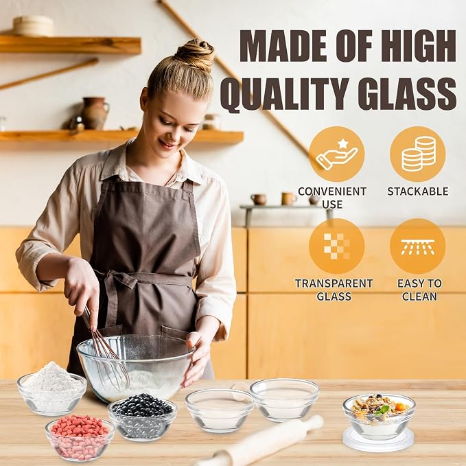 6 Pack Mini 3 Inch Small Glass Bowls with 12 Pack Lids | 2.5 oz Clear Glass Pinch Bowls, Condiment Containers, for Dips, spices, jams, Meal Prep Bowls