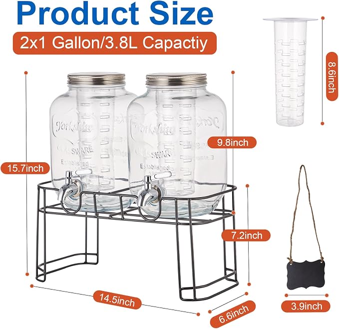 1 Gallon Glass Drink Dispensers for Parties, 2 Pack Beverage Dispenser with Stand, Fruit Infuser & Leakproof Stainless Steel Spigot, Juice Dispenser for Lemonade, Iced Tea, Sun Tea & Infused Water