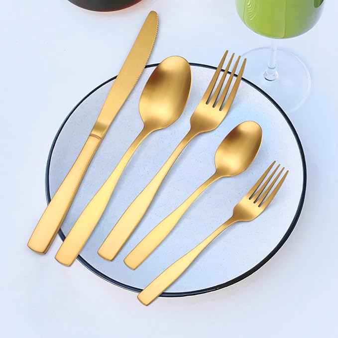 A·HOUSEWARE Gold Matte Cutlery Stainless Steel Silverware Satin Finish Flatware Set for 6 Tableware 30 Pieces Kitchen Eating Utensils for Home and Restaurant
