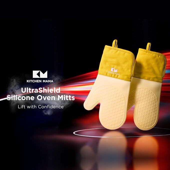 Kitchen Mama UltraShield Silicone Oven Mitts, Yellow | Heat Resistant, Non-Slip Surface, Waterproof, Flexible, Durable