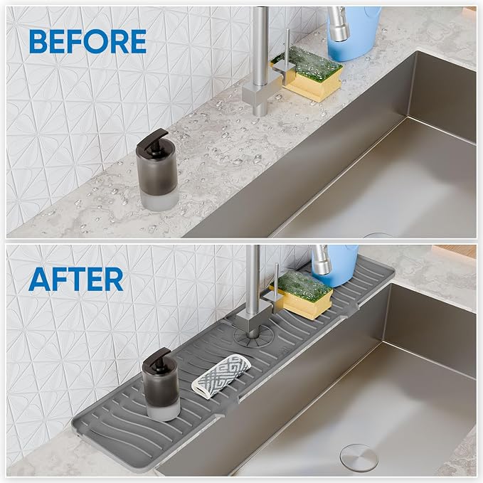 24 Inch Longer Faucet Mat for Kitchen Sink, Silicone Sink Faucet Mat Splash Guard 5° Slope Premium Kitchen Sink Splash Faucet Guard, Fast Self-Draining Mat (gray)